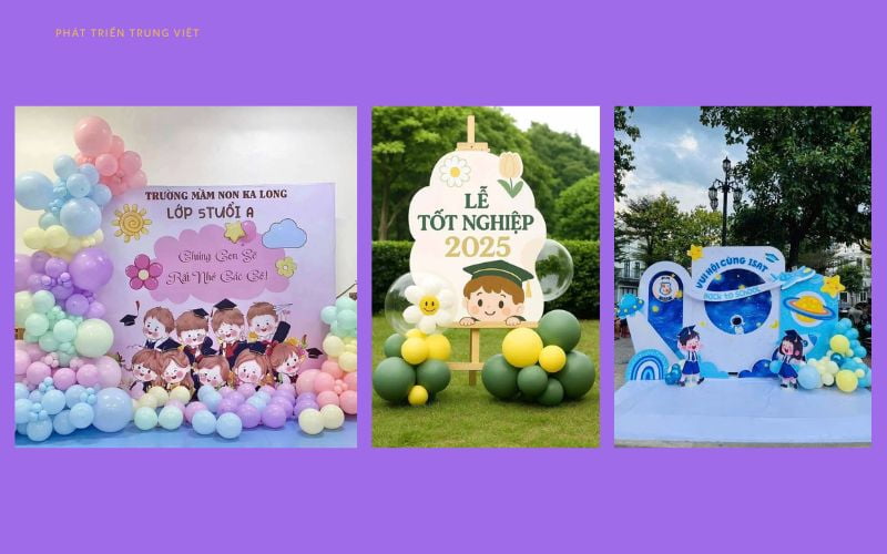 Trang trí sân khấu mầm non với bóng bay và ruy băng